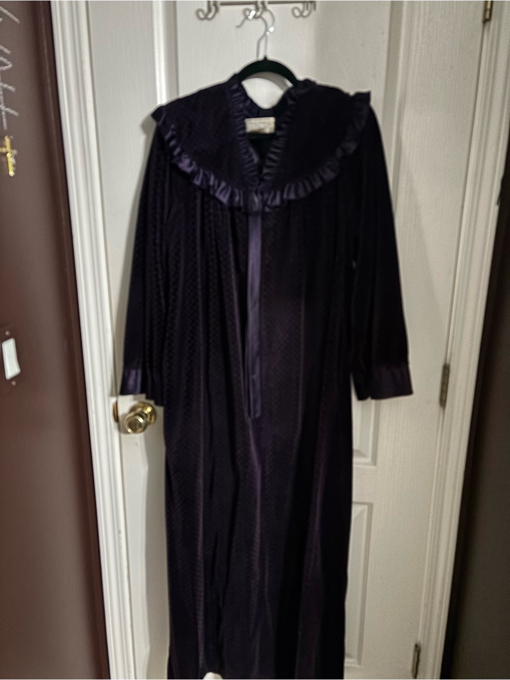 Gilligan & O'Malley Vintage Long Purple Velvet Robe with Ruffled Collar